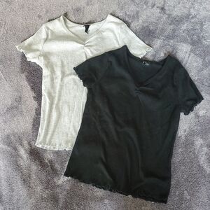 V-Neck Ribbed Tops - Black and Gray